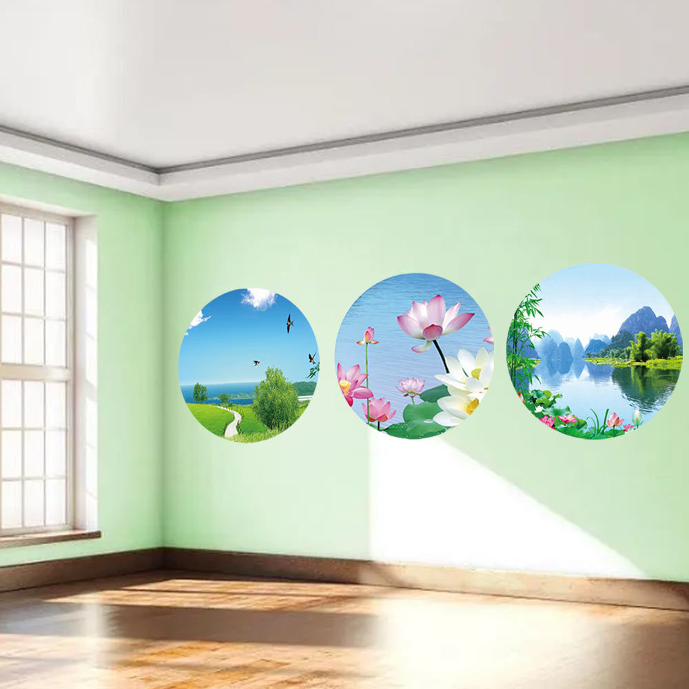dropship 3pcs Landscape Paintings Sticky Posters Round Wall Stickers Beautiful Decorative Paintings Room Design 40cm or 16"/50cm or 20"/58cm or 23" Water/Sun Proof