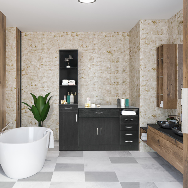 dropship FCH MDF With Triamine One Door One Drawer Three Compartments High Cabinet Bathroom Wall Cabinet Black