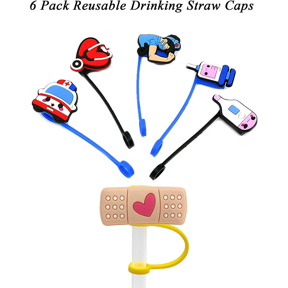 dropship 6pcs Reusable Nurse Theme Straw Covers - Dust-Proof Silicone Tips for 7-8 mm Straws - Easy to Clean and Convenient