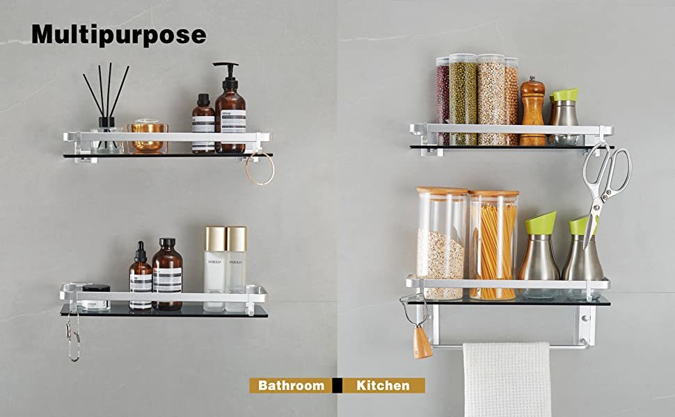 dropship Glass Shelf for Bathroom 15.7 in Bathroom Shelves with Towel Bar Tempered Glass Shelves with 4 Removable Hooks for Wall(2 Tier)