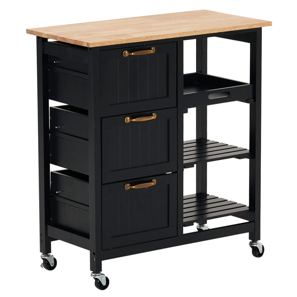 dropship 76*37*84cm Three Drawers Three Layers Bronze Color Handle Rubber Wood Log Color Table Top Black Spray Paint Dining Car