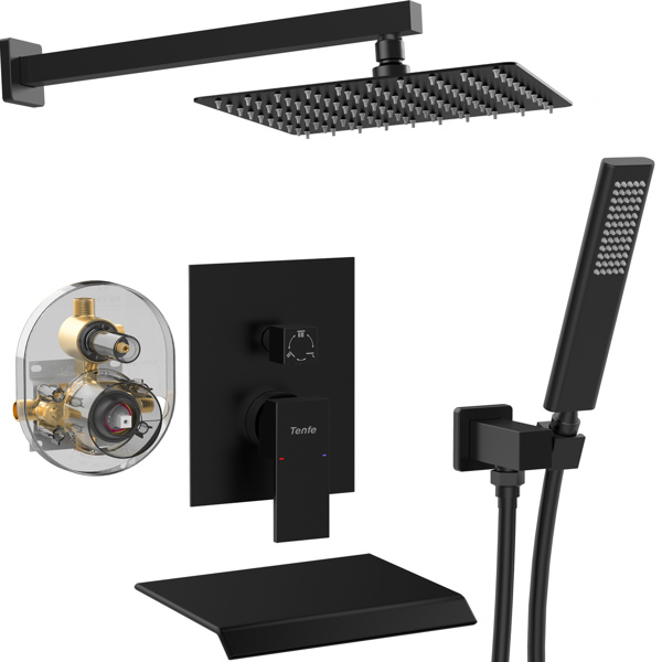dropship Male NPT Shower Faucet Set, Waterfall Shower System for Bathroom, High Pressure 10" Rain Shower Head and Handheld Shower Spray, Wall Mount Tub Faucet Shower Valve with Trim and Diverter, Matte Black