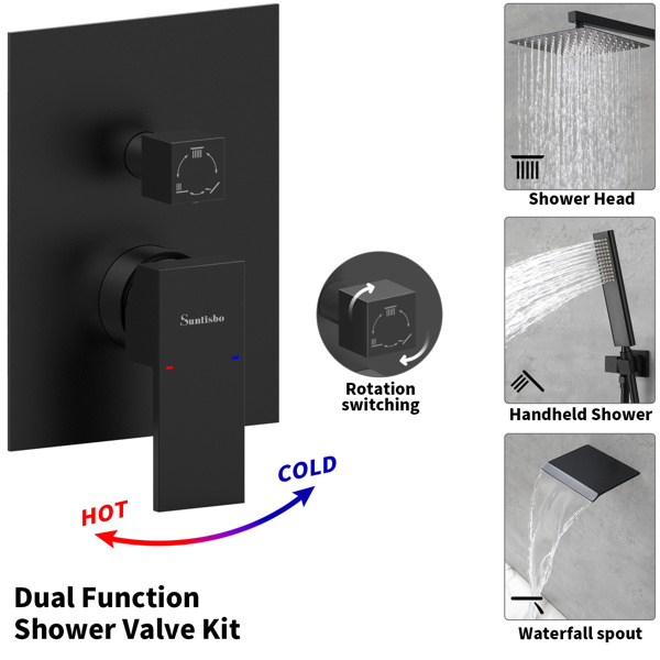 dropship Male NPT Bathtub Shower Faucet Set, Waterfall Tub Faucet with 12-Inch Matte Black Rain Shower Head System