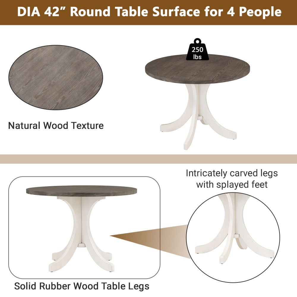 dropship TOPMAX Mid-Century Solid Wood 5-Piece Round Dining Table Set, Kitchen Table Set with Upholstered Chairs for Small Places, Brown Table+Gray Chair