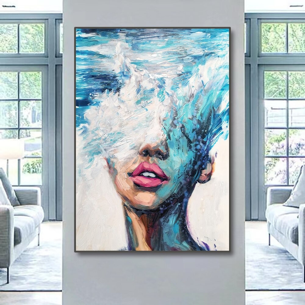 dropship Hand Painted Oil Painting Abstract Portrait Wall Art Hand painted-Nordic Light Blue Girl Oil Paintings On Canvas-Hand Made-For Home Decoration
