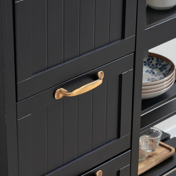 dropship 76*37*84cm Three Drawers Three Layers Bronze Color Handle Rubber Wood Log Color Table Top Black Spray Paint Dining Car