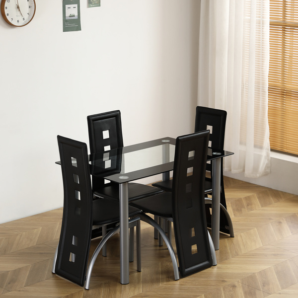 dropship 5 Pieces Dining Table Set for 4, Kitchen Room Tempered Glass Dining Table, 4 Chairs, Black, Table legs are silvery