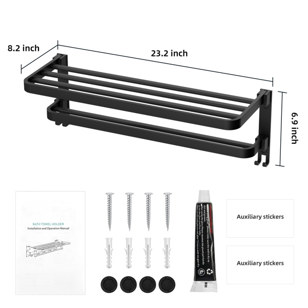 dropship Towel Racks for Bathroom Wall Mounted,23.6" Foldable Towel Holder with Two Towel Bars and Hooks, for Bathroom Lavatory Hotels Apartments Dormitories Makeup Rooms Vanity Room - Black