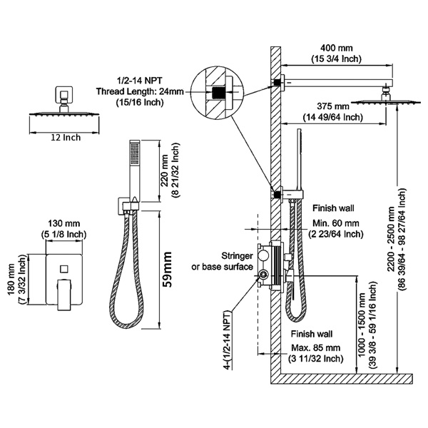 dropship Shower System Shower Faucet Combo Set Wall Mounted with 12" Rainfall Shower Head and handheld shower faucet, Brushed Nickel Finish with