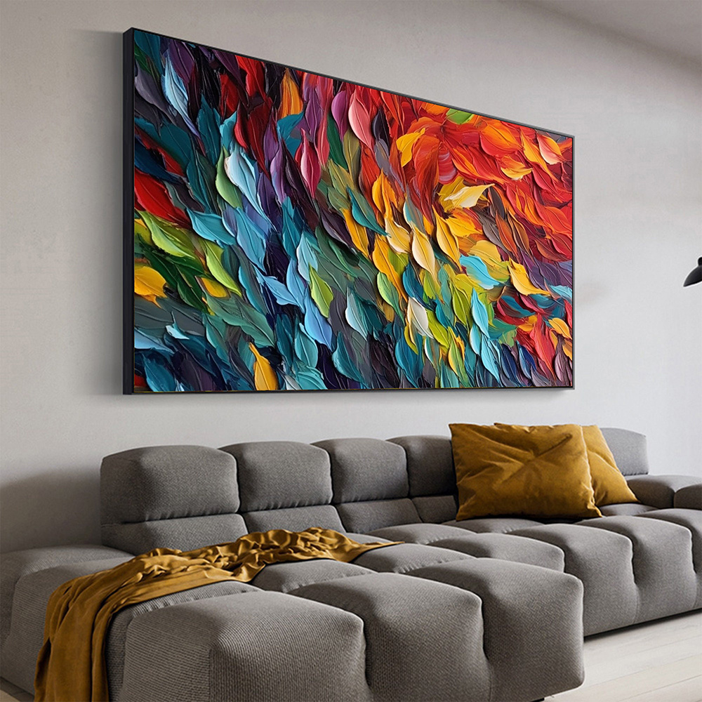 dropship Handmade Oil Painting Original Colorful Feathers Oil Painting On Canvas Large Wall Art Abstract Colorful Painting Custom Painting Living room Home Wall Decorative Painting