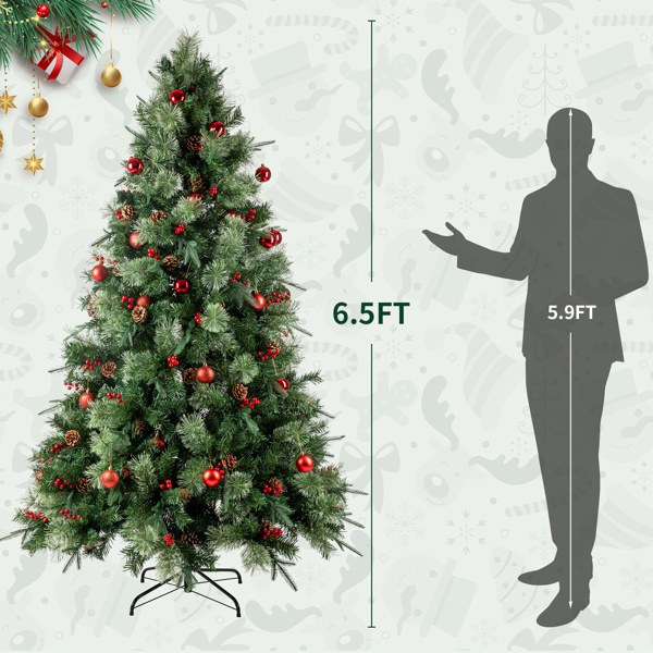 dropship 6.5ft Pre-Lit Artificial Flocked Christmas Tree with 350 LED Lights&1200 Branch Tips,Pine Cones& Berries