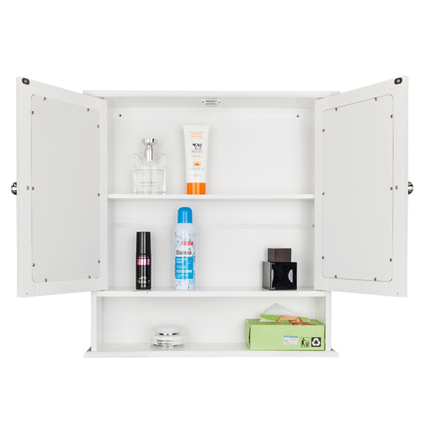dropship Double Door Mirror Indoor Bathroom Wall Mounted Cabinet Shelf White