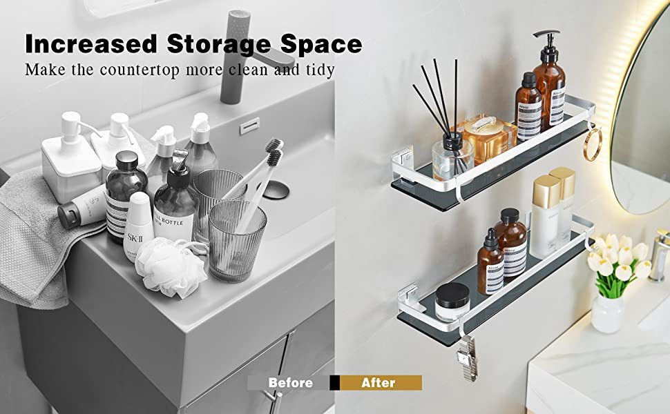 dropship Glass Shelf for Bathroom 15.7 in Bathroom Shelves with Towel Bar Tempered Glass Shelves with 4 Removable Hooks for Wall(2 Tier)