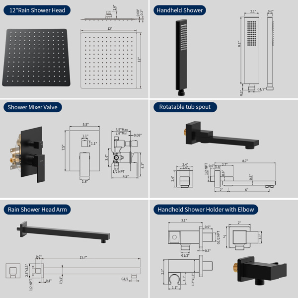 dropship Male NPT Matte Black Shower System, 12 Inch Shower Fixtures Rain Shower Head with Handheld Shower Spray, Wall Mount Shower Faucet Set for Bathroom(Pressure Balance Shower Trim Valve Kit Included)