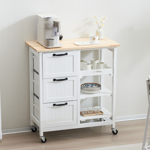 dropship 76*37*84cm Three Drawers Three Layers Black Handle Rubber Wood Log Color Table White Spray Paint Dining Car
