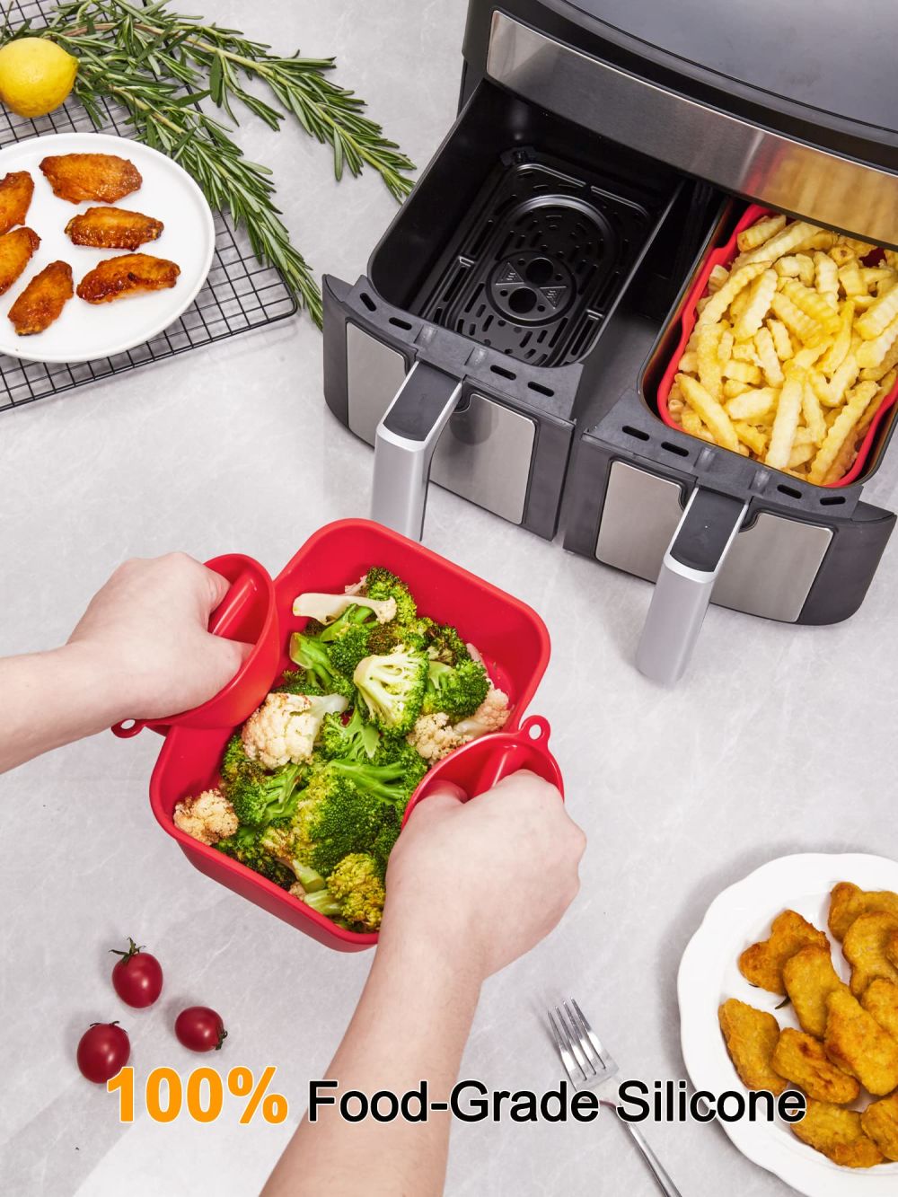 dropship Air Fryer Silicone Pot With Handle Reusable Liner Heat Resistant Basket Rectangle Baking Accessories For Fryer Oven Microwave