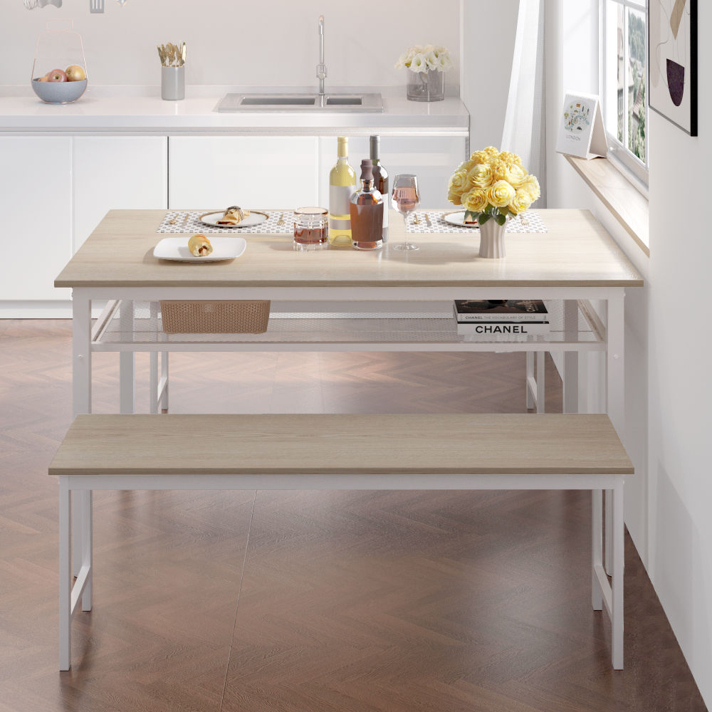 dropship 3 Pieces Farmhouse Kitchen Table Set with Two Benches, Metal Frame and MDF Board,white
