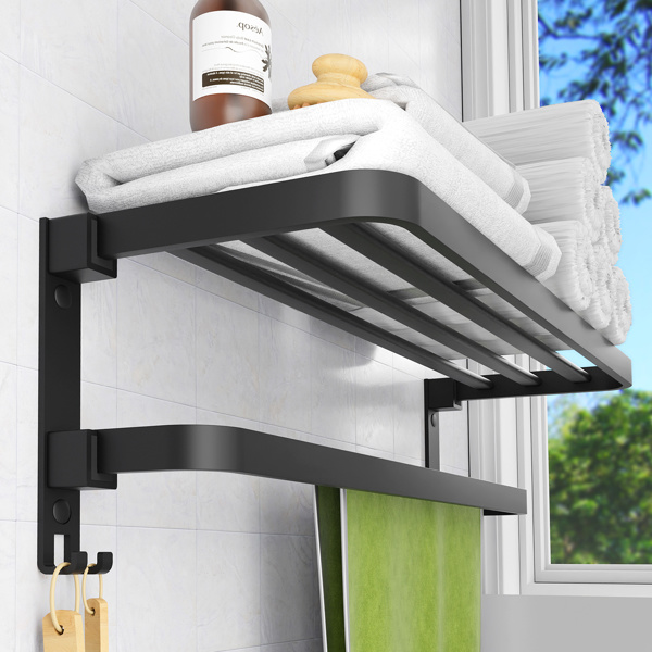 dropship Towel Racks for Bathroom Wall Mounted,23.6" Foldable Towel Holder with Two Towel Bars and Hooks, for Bathroom Lavatory Hotels Apartments Dormitories Makeup Rooms Vanity Room - Black