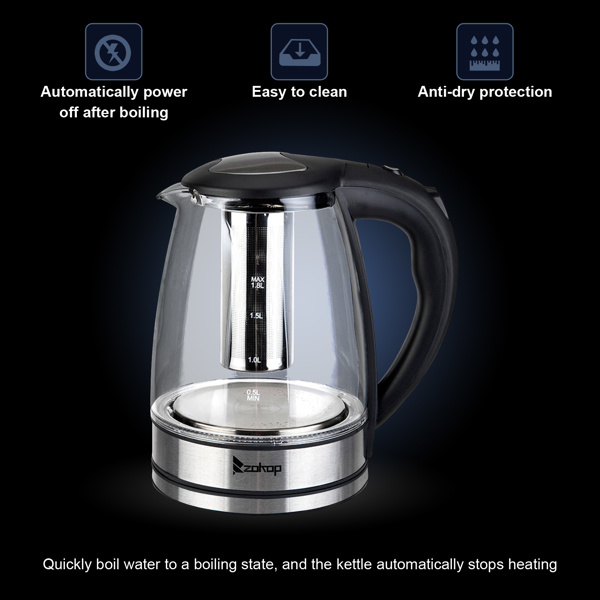dropship HD-1861-A 110V 1200W 1.8L Electric Glass Kettle US Plug