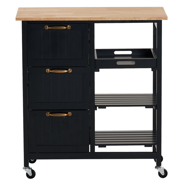 dropship 76*37*84cm Three Drawers Three Layers Bronze Color Handle Rubber Wood Log Color Table Top Black Spray Paint Dining Car