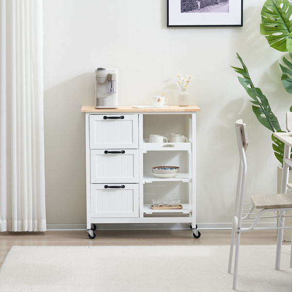 dropship 76*37*84cm Three Drawers Three Layers Black Handle Rubber Wood Log Color Table White Spray Paint Dining Car