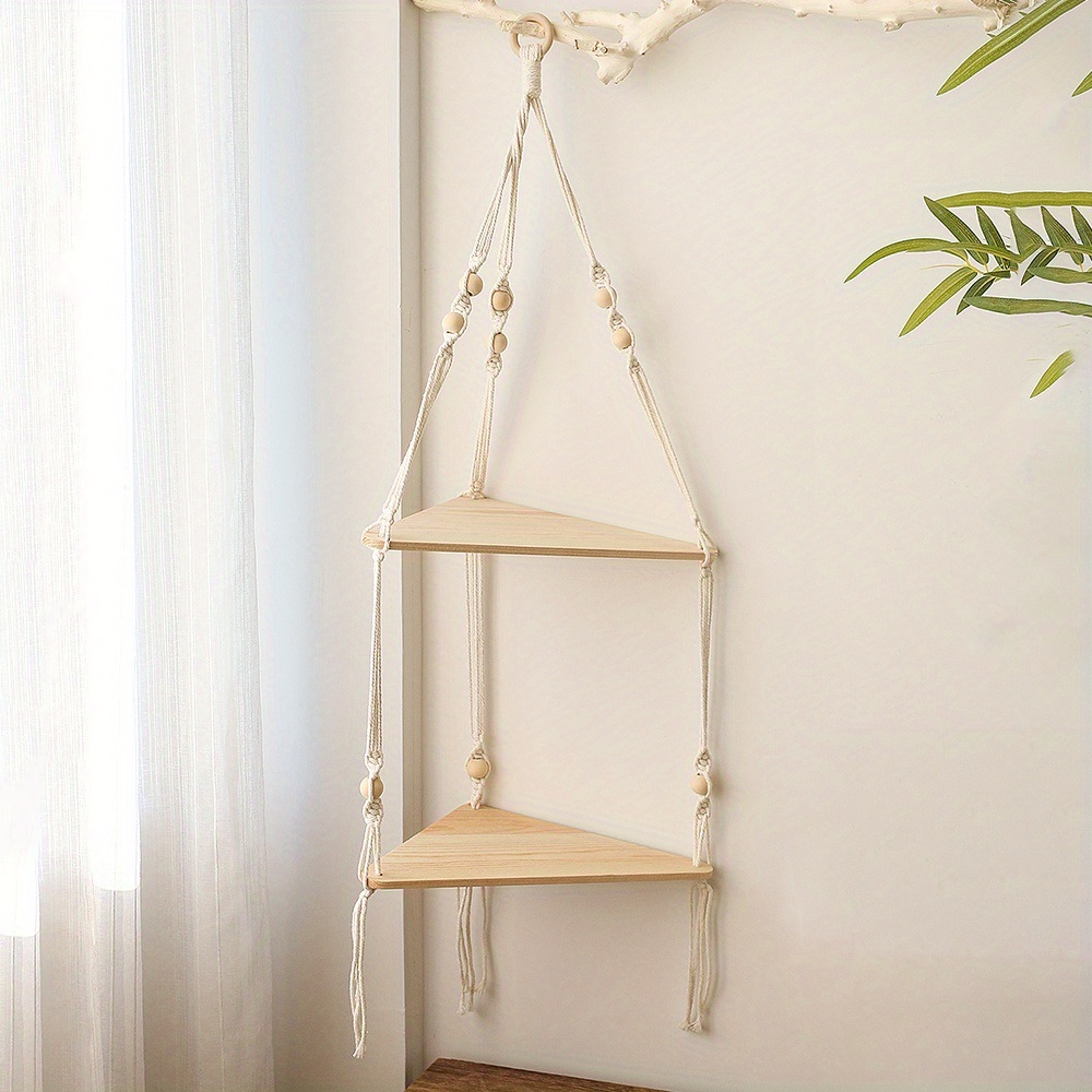 dropship 1pc Handwoven Wooden Triangle Storage Rack for Flower Pots, Pendants, and Room Decor - Stylish and Functional Home Decor
