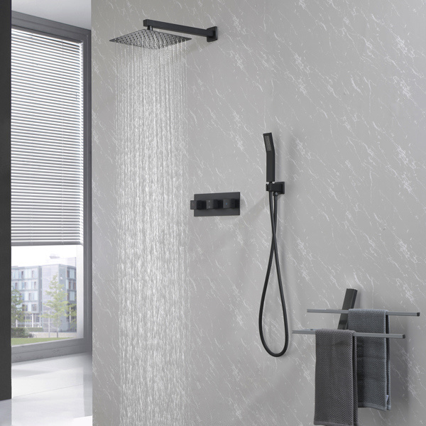 dropship Brass Matte Black Shower Faucet Set Shower System 10 Inch Rainfall Shower Head with Handheld Sprayer Bathroom Luxury Rain Mixer Combo