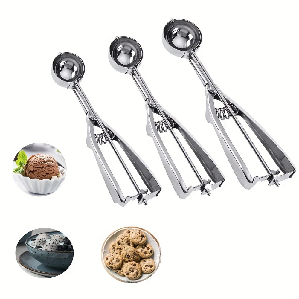 dropship 3pcs Cookie Scoop Set, Stainless Steel Ice Cream Scooper With Trigger Release, Large/Medium/Small Cookie Scooper For Baking, Cookie Scoops For Baking Set Of 3 With Cookie