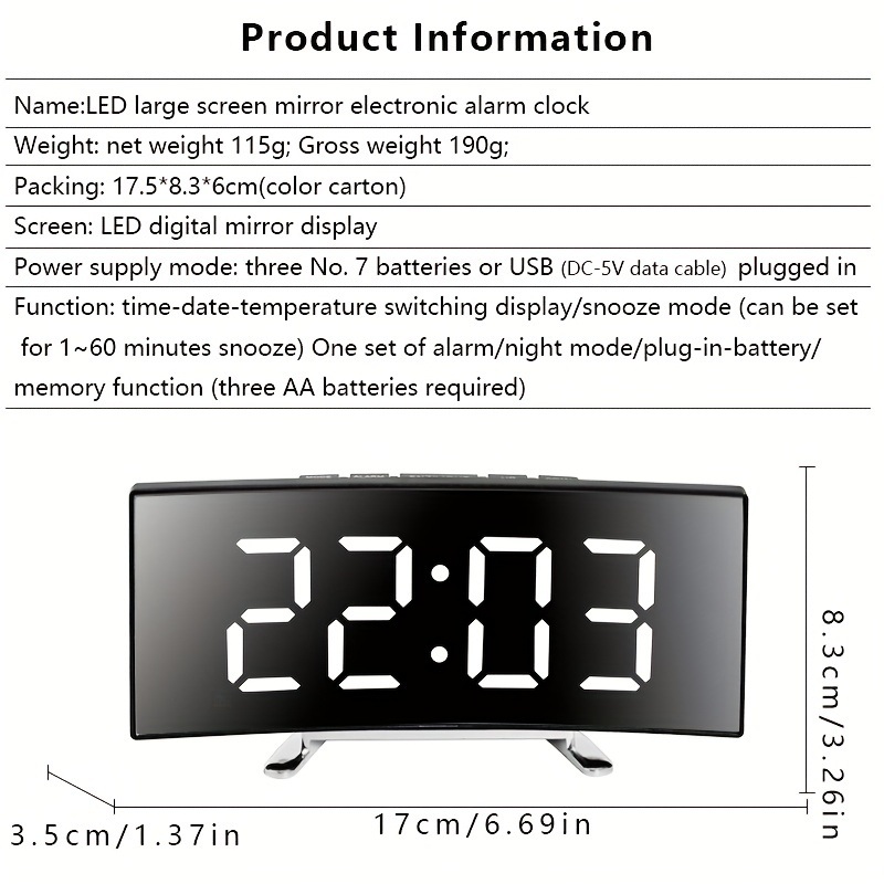 dropship 1pc Led Alarm Clock, Mirror Curved Screen, Digital Alarm Clock With Sleep Temperature For Students Bedroom, Living Room, Office And School