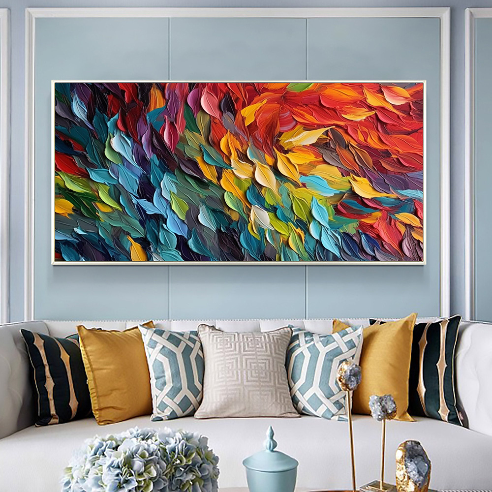 dropship Handmade Oil Painting Original Colorful Feathers Oil Painting On Canvas Large Wall Art Abstract Colorful Painting Custom Painting Living room Home Wall Decorative Painting