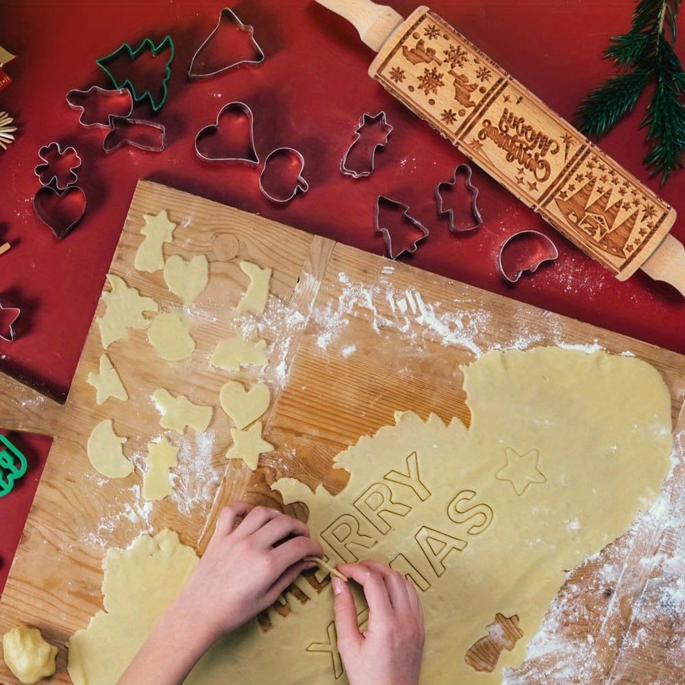 dropship 1pc Embossing Rolling Pin Christmas Pattern Xmas Wooden 3D Engraved Nativity With Jesus 9 Different Pattern Design For Baking Cookies