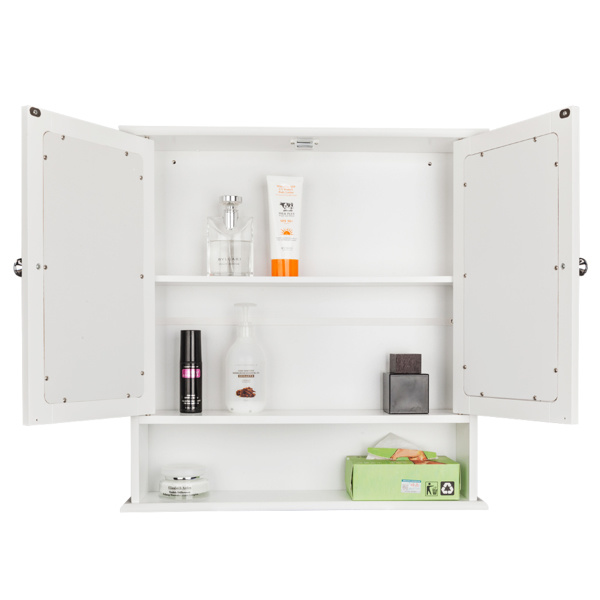 dropship Double Door Mirror Indoor Bathroom Wall Mounted Cabinet Shelf White