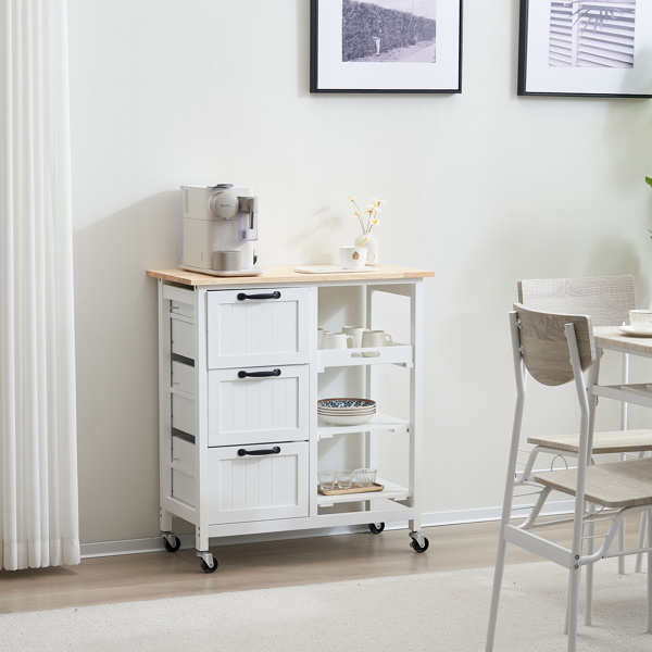 dropship 76*37*84cm Three Drawers Three Layers Black Handle Rubber Wood Log Color Table White Spray Paint Dining Car