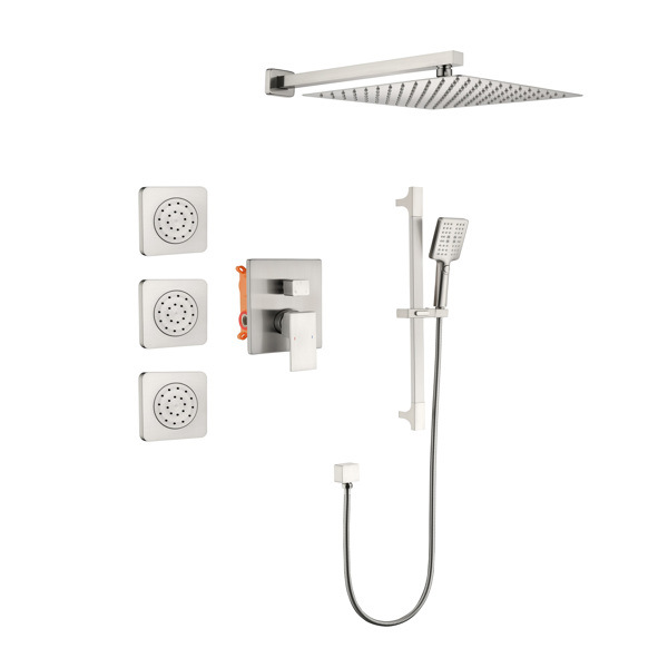 dropship Shower System with Shower Head, Hand Shower, Slide Bar, Bodysprays, Shower Arm, Hose, Valve Trim, and Lever Handles