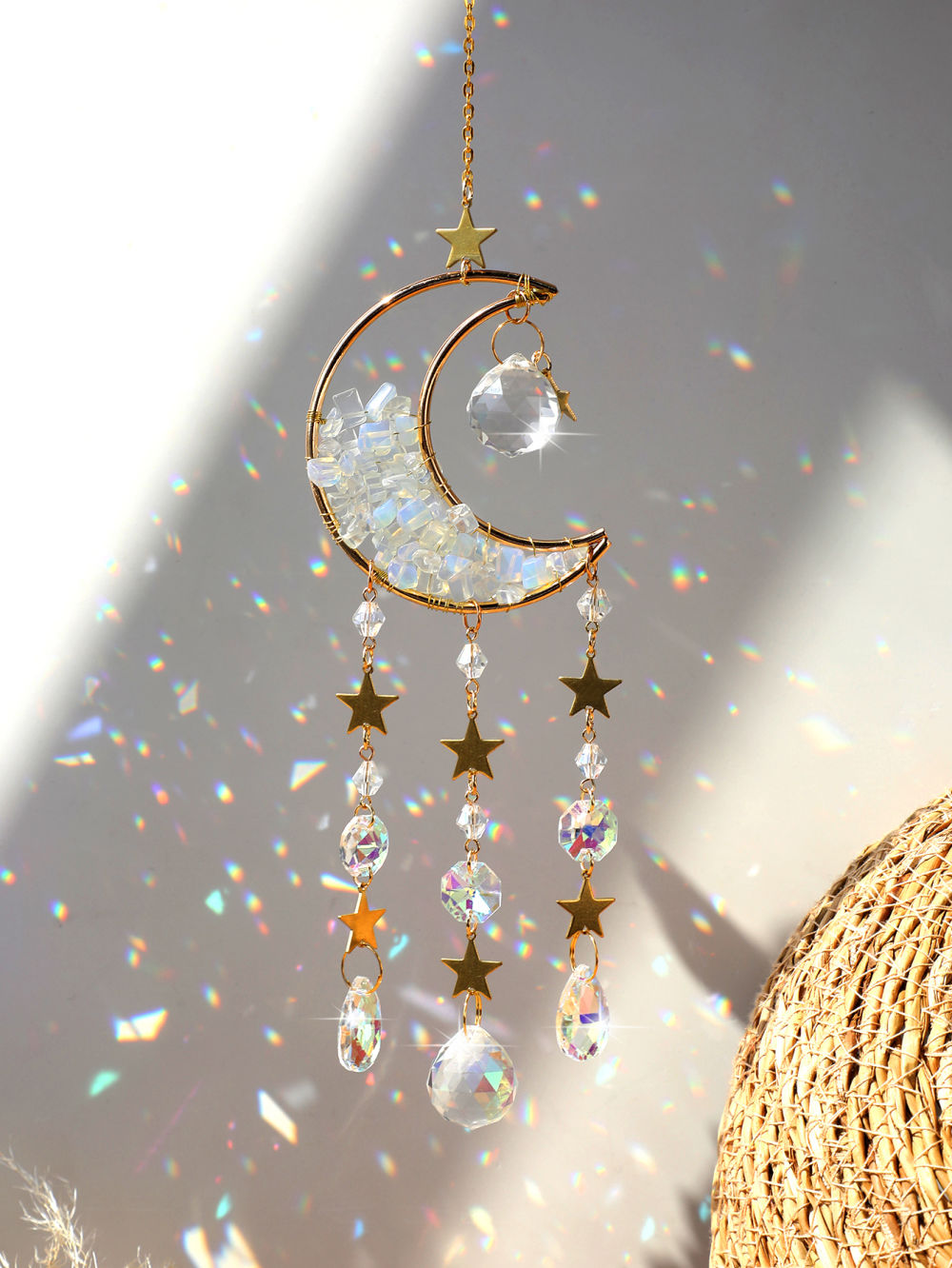 dropship 1pc Rainbow Maker Sun Catcher - Indoor/Outdoor Window Prism Moon Mini Dream Catcher with Crystals and Healing Stones - Garden Tree Decorations