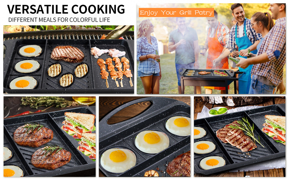 dropship 3 in 1 Flat Top Grill Griddle,Griddle Pan for Stove Top Double Burner Grill,Aluminum Pancake Griddle,Non-Stick Top Griddle Grill Compatible with All Stoves,Griddle For Camping/Indoor,Dishwasher Safe