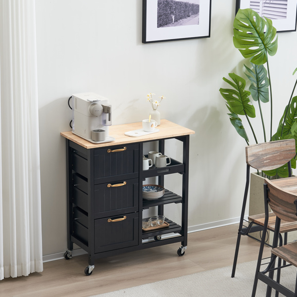dropship 76*37*84cm Three Drawers Three Layers Bronze Color Handle Rubber Wood Log Color Table Top Black Spray Paint Dining Car