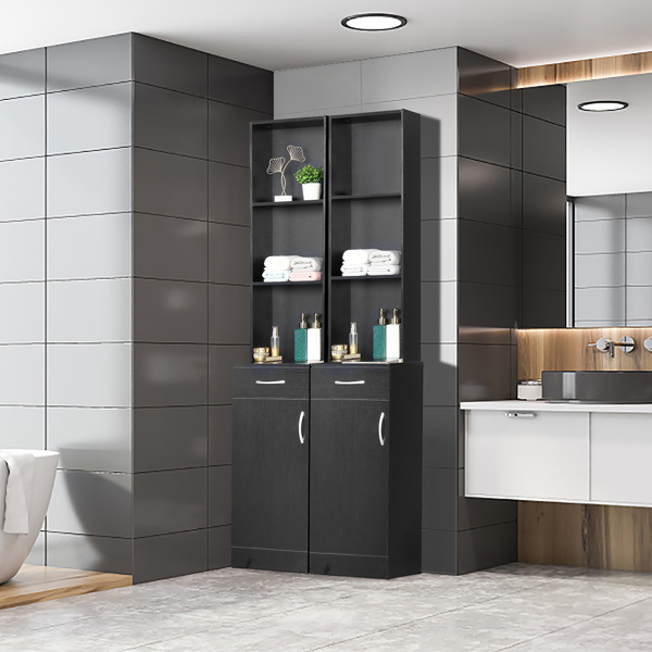 dropship FCH MDF With Triamine One Door One Drawer Three Compartments High Cabinet Bathroom Wall Cabinet Black