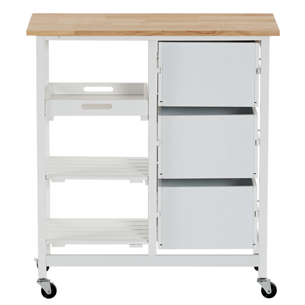 dropship 76*37*84cm Three Drawers Three Layers Black Handle Rubber Wood Log Color Table White Spray Paint Dining Car