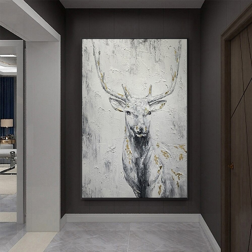dropship Hand Painted Oil Painting Hand Painted Rich Deer Oil Painting On Canvas Animal Pattern Decorative Painting Classical Porch Mural Handmade Art Living Room Luxurious Decorative Painting