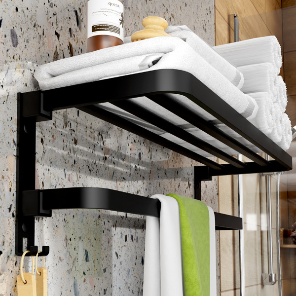 dropship Towel Racks for Bathroom Wall Mounted,23.6" Foldable Towel Holder with Two Towel Bars and Hooks, for Bathroom Lavatory Hotels Apartments Dormitories Makeup Rooms Vanity Room - Black