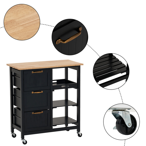 dropship 76*37*84cm Three Drawers Three Layers Bronze Color Handle Rubber Wood Log Color Table Top Black Spray Paint Dining Car
