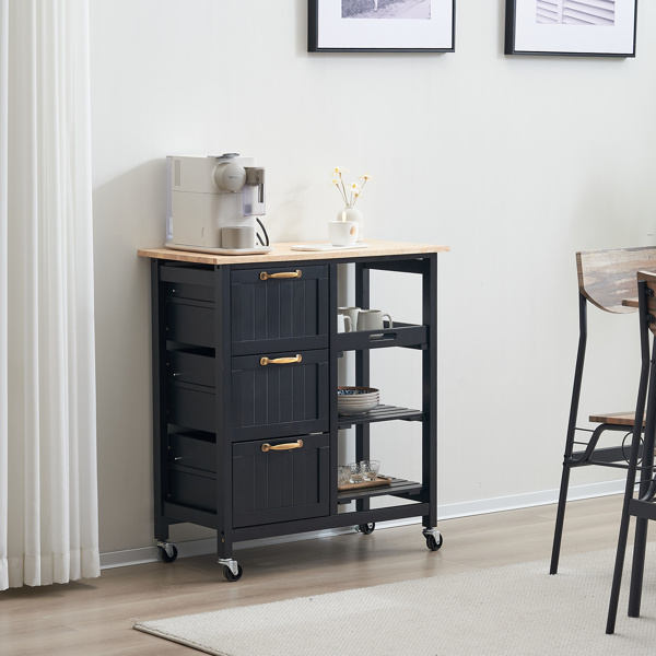 dropship 76*37*84cm Three Drawers Three Layers Bronze Color Handle Rubber Wood Log Color Table Top Black Spray Paint Dining Car