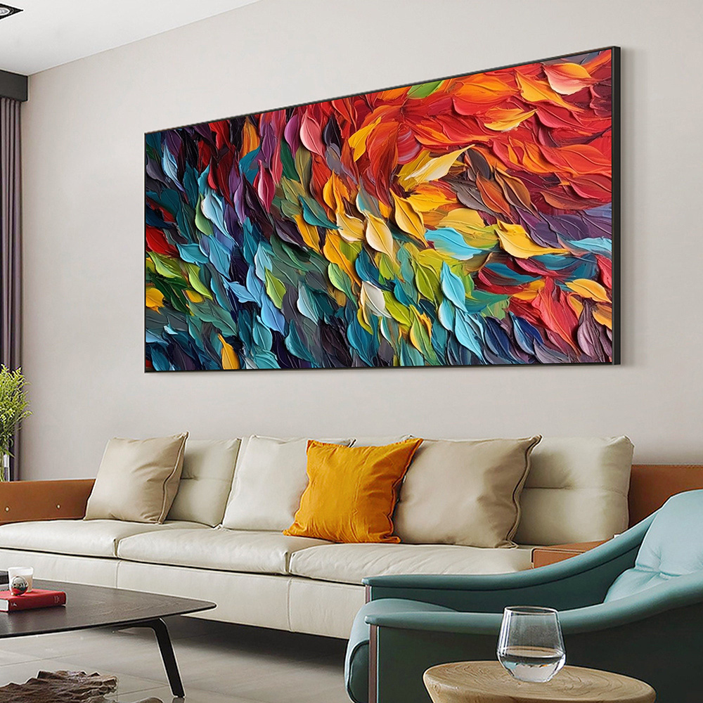dropship Handmade Oil Painting Original Colorful Feathers Oil Painting On Canvas Large Wall Art Abstract Colorful Painting Custom Painting Living room Home Wall Decorative Painting