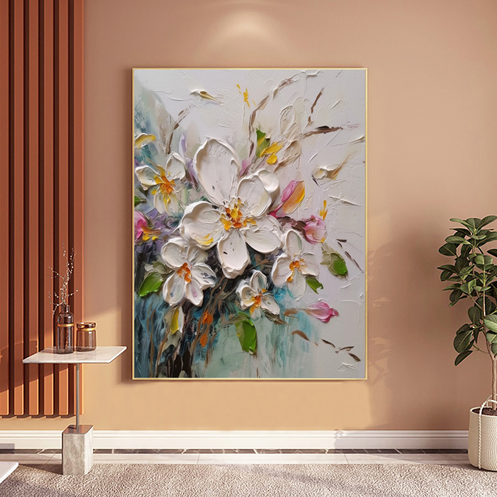 dropship Hand Painted Oil Painting Abstract Original Flower Oil Painting On Canvas Large Wall Art Original White Floral Painting Floral Custom Painting Living Room Wall Decor