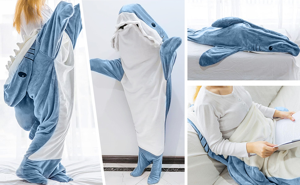 dropship Ambitelligence Shark Blanket Hoodie Onesie for Adults and Kids, Cozy Flannel Shark Costume Shark Sleeping Bag