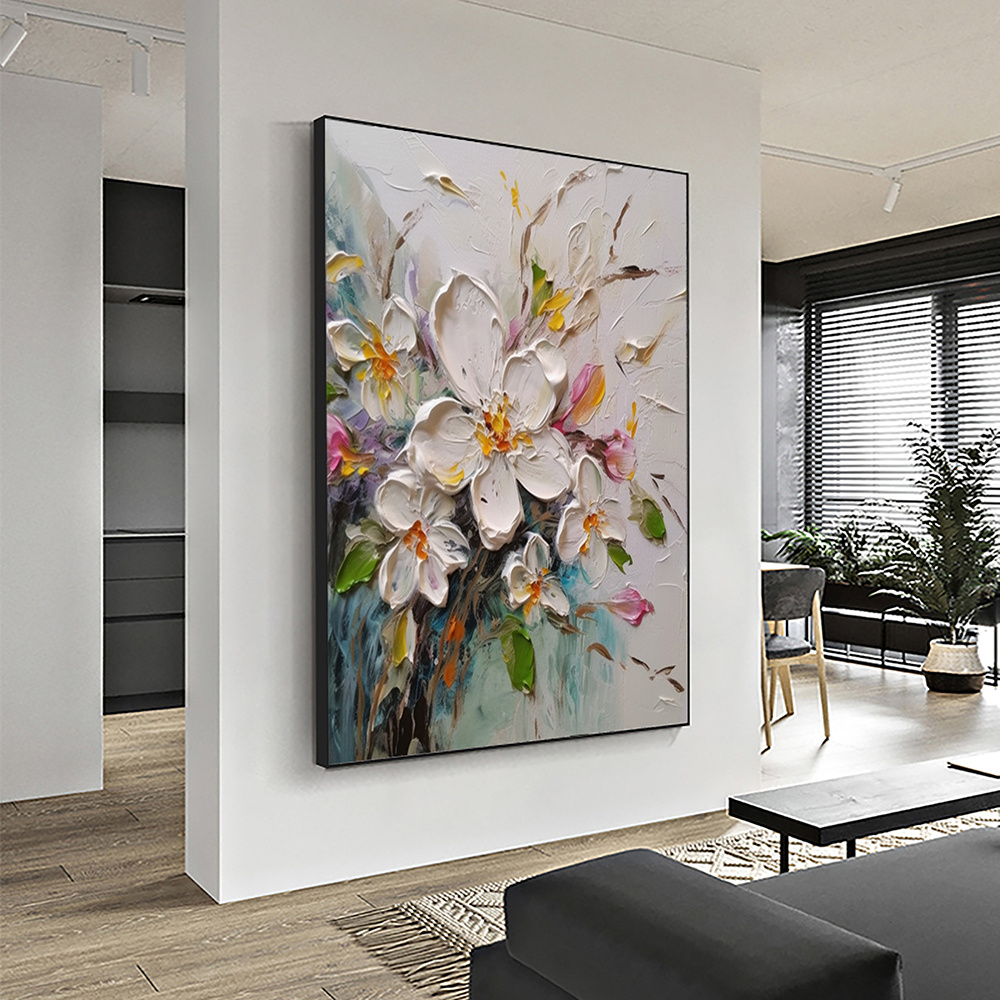 dropship Hand Painted Oil Painting Abstract Original Flower Oil Painting On Canvas Large Wall Art Original White Floral Painting Floral Custom Painting Living Room Wall Decor