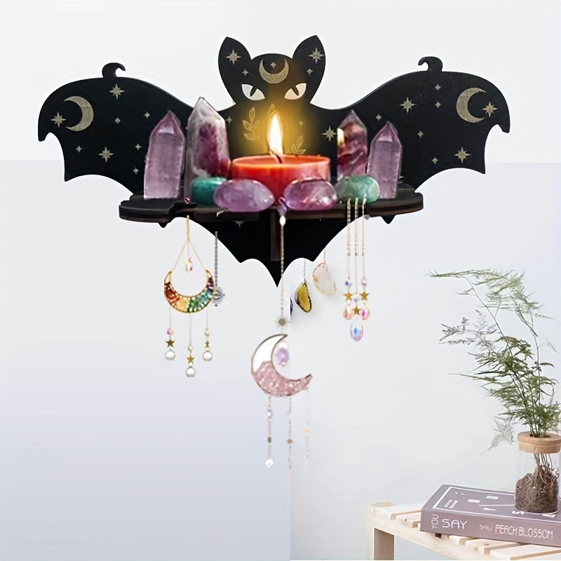dropship 1pc Rustic Wooden Bat Crystal Floating Shelf - Wall Hanging Decorative Shelf Rack for Home, Living Room, Bedroom - Perfect for Halloween, Thanksgiving, Christmas, and New Year Gifts