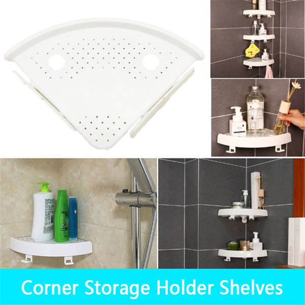 dropship Bathroom Wall Corner Shelf Organizer; Kitchen Corner Storage Rack Non-Marking Shelf with Hooks; Easy to Install (White; One Size)