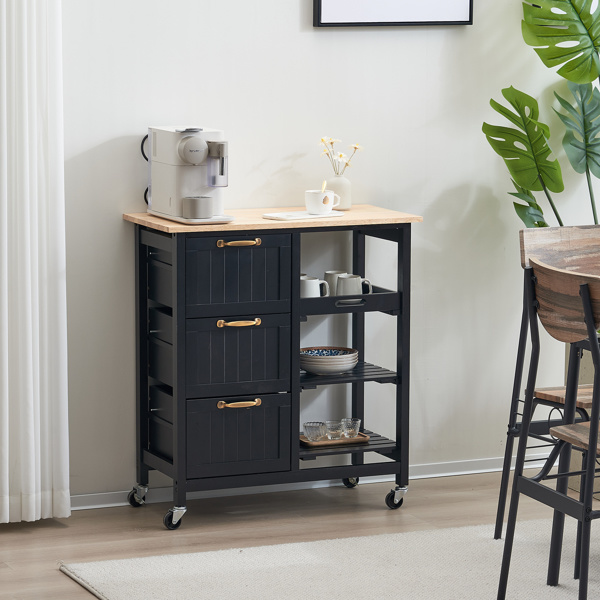 dropship 76*37*84cm Three Drawers Three Layers Bronze Color Handle Rubber Wood Log Color Table Top Black Spray Paint Dining Car